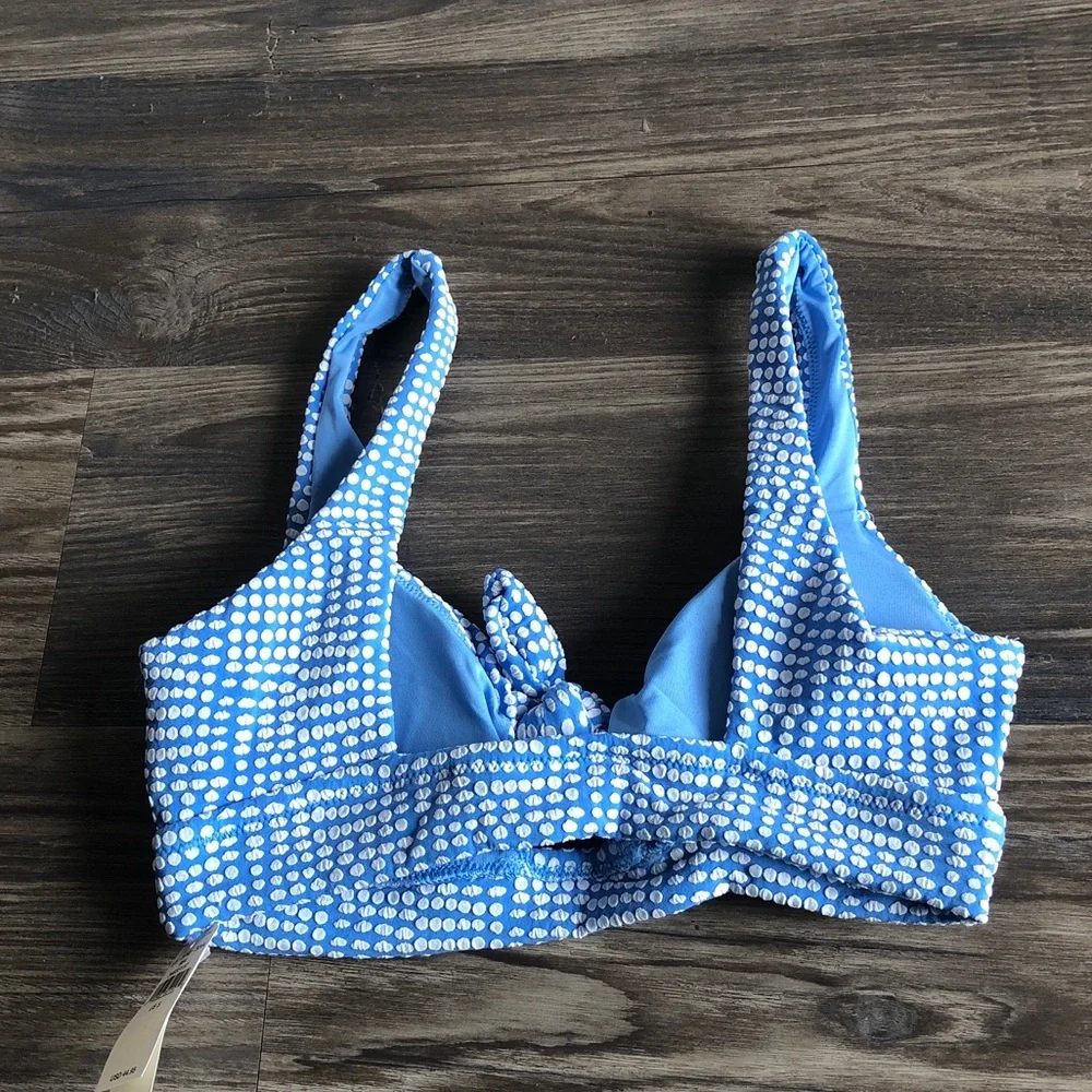 NWT Aerie Scoop Knot Front Bikini Top Blue White Jacquard Polka Dot